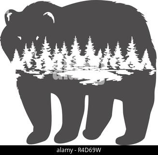 vector illustration of a bear silhouette with forest. abstract nature background. Stock Vector