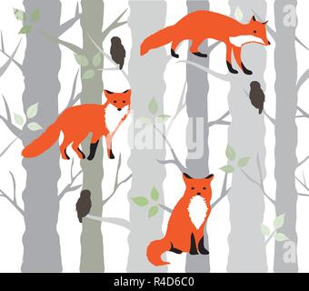 vector illustration of foxes and trees nature background. Stock Vector