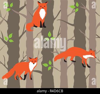 vector illustration of foxes and trees nature background. Stock Vector
