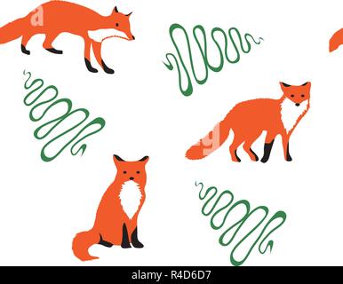vector illustration of foxes and trees nature background. Stock Vector