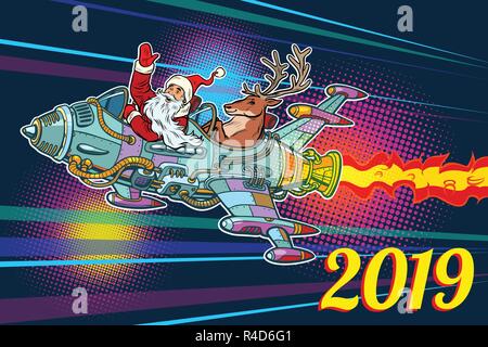 2019 new year. Retro Santa Claus with a deer flying on a rocket Stock Vector