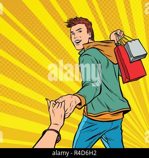 follow me. Young man leads on sale. Couple man and woman shoppin Stock Vector