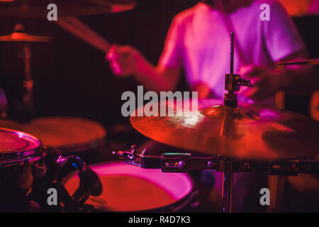 Professional drum set closeup. Drummer with drums, live music concert. Stock Photo