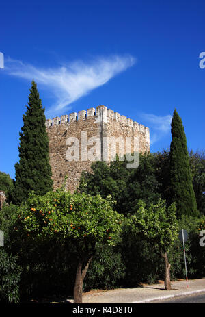 Portugal, Alentejo region, Vila Vicosa. The Medieval castle tower and surrounding gardens. Clear blue sky and beautiful cirrus cloudscape. Stock Photo