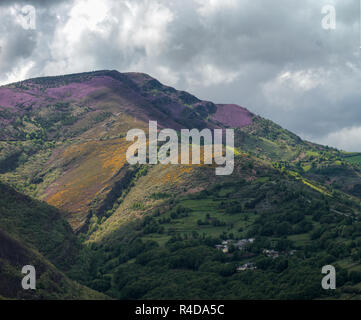 A village among forests and meadows at the foot of a mountain in Courel, Galicia Stock Photo