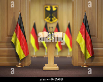 Press conference or briefing of premier minister of Germany concept,. Podium speaker tribune with Germany flags and coat arms. 3d illustration Stock Photo