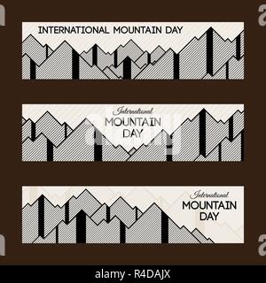 International Mountain Day horizontal banner templates. Vector illustrations. Mountains in abstract linear style. Flat design. Stock Vector