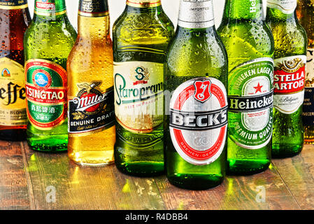 Bottles of assorted global beer brands Stock Photo