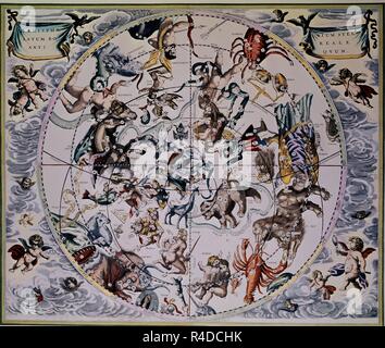 Celestial Planisphere Showing the Signs of the Zodiac, from 'The Celestial Atlas, or The Harmony of the Universe' (atlas coelestis seu harmonia macrocosmica) - ca. 1660-61 - hand coloured engraving. Author: CELLARIUS, ANDREAS. Location: PRIVATE COLLECTION. MADRID. SPAIN. Stock Photo