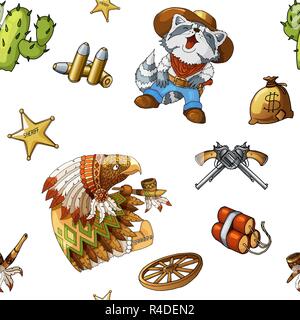 Western and rodeo seamless background pattern with colored vector elements Stock Vector