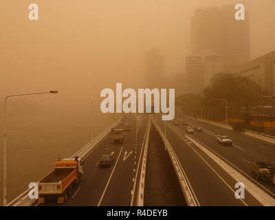 Sandstorm in Brisbane Australia - View of Brisbane CBD and Brisbane River in daytime Stock Photo