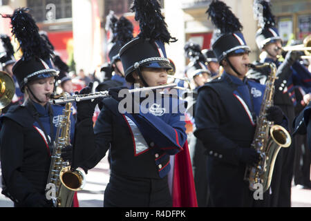Seaman High School Marching Band from Topeka Kansas marches and performs at the Veterans Day Parade on 5th Avenue in New York City at the 100th Anniversary marking the end of WWl. Stock Photo