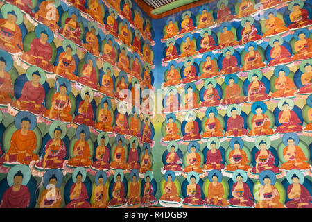 Colourful wall painting depicting Buddha, Chemrey Gompa in Ladakh, Jammu and Kashmir, India