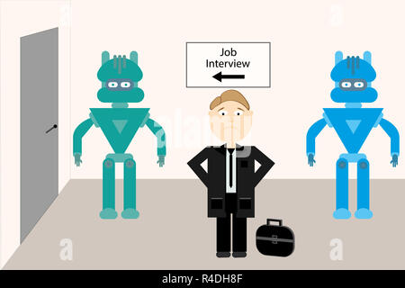 Robots versus humans , job interview competition  illustration design. Stock Photo