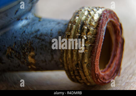 Close up drill pipe thread with pipe dope grease lay down on rig floor ...