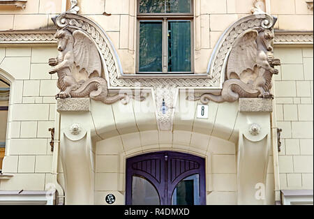 Art Nouveau architecture on a building facade in Riga, Latvia Stock Photo