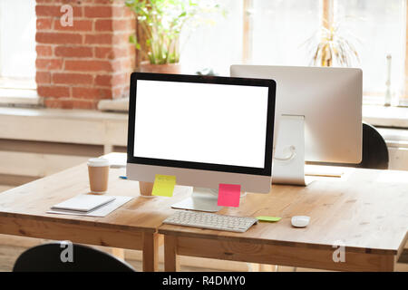 Office worker empty workplace with computer white mock up Stock Photo