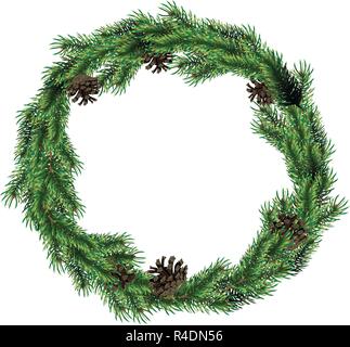 Christmas wreath of fir branches with cones. Green spruce christmas wreath. Stock Vector