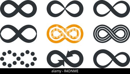 Infinity symbols. Repetition and unlimited cyclicity in different style isolated on white background. Stock Vector