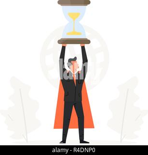 Businessman hold hourglass over his head. Business time management illustration. Success, champion, victory, sandglass Stock Vector