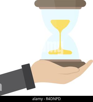 Vector illustration of businessman hand hold a hourglass. Business and time management concept. Successful start up presentations on white background. Stock Vector