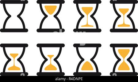 Set of hourglass sprites illustration for animation frames. Black sand clocks and timers collection on white background. Stock Vector