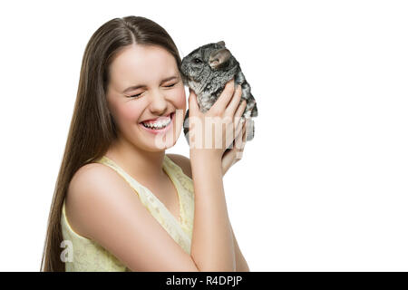 Pet chinchilla kissing owner Stock Photo