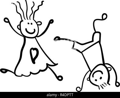 Children Playing Boy Is Standing On His Head And A Girl Is Running Towards Him Style Of Childrens Drawing Vector Illustration Yellow Background Stock Vector Image Art Alamy