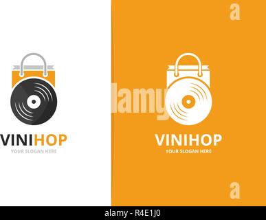 Vector vinyl and shop logo combination. Record and sale symbol or icon. Unique music album and bag logotype design template. Stock Vector