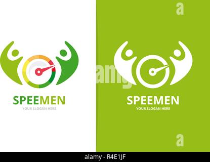 Vector speedometer and people logo combination. Tachometer and family symbol or icon. Unique speedo and team logotype design template. Stock Vector