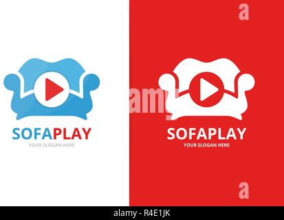 Vector button play and sofa logo combination. Record and couch symbol or icon. Unique help and armchair logotype design template. Stock Vector