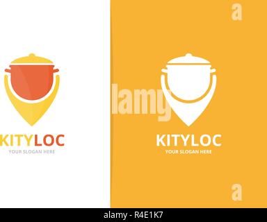 Vector pot and map pointer logo combination. Kitchen and gps locator symbol or icon. Unique pan and pin logotype design template. Stock Vector