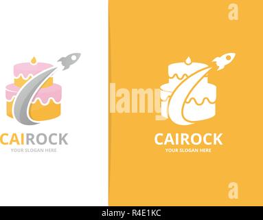 Vector cake and rocket logo combination. Pie and airplane symbol or icon. Unique cupcake and flight logotype design template. Stock Vector