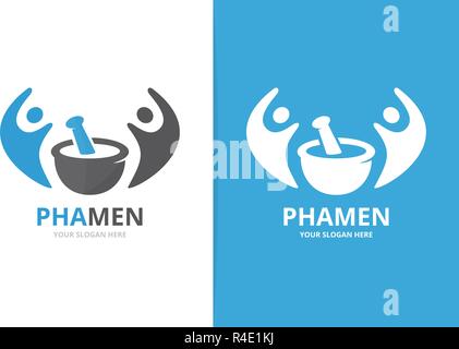 Vector pharmacy and people logo combination. Pounder and family symbol or icon. Unique mortar and pestle logotype design template. Stock Vector