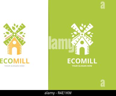 Vector mill and leaf logo combination. Farm and eco symbol or icon. Unique windmill and organic logotype design template. Stock Vector