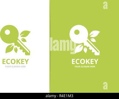 Vector key and leaf logo combination. Lock and eco symbol or icon. Unique house and organic logotype design template. Stock Vector