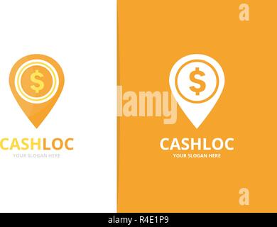 Vector coin and map pointer logo combination. Money and gps locator symbol or icon. Unique cash and pin logotype design template. Stock Vector