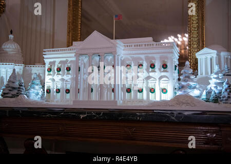 The 2018 White House Christmas decorations, with the theme 'American Treasures' which were personally selected by first lady Melania Trump, are previewed for the press in Washington, DC on Monday, November 26, 2018. The traditional White House gingerbread house on display in the State Dining Room. This year it shows the National Mall with the White House as it's centerpiece. Credit: Ron Sachs/CNP /MediaPunch Stock Photo