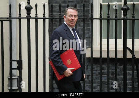 London, UK. 26th Nov, 2018. British International Trade Secretary Liam Fox arrives for a cabinet meeting at 10 Downing Street in London, UK, on Nov. 26, 2018. The British parliament's vote on Brexit deal is expected to be held on Dec. 11, British Prime Minister Theresa May confirmed on Monday. Credit: Tim Ireland/Xinhua/Alamy Live News Stock Photo