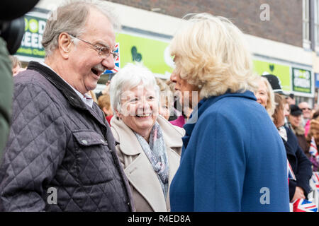 Ely, Cambridgeshire, UK. 27th Nov 2018. The Prince of Wales and The Duchess of Cornwall visit Ely Markets, meet stallholders and hear about the city’s community initiatives to reduce single use plastic and combat homelessness. The market has been in existence for over 800 years and the Markets Team have won awards for sustainable local shopping and their mission to reducing single-use plastic on the market. Credit Julian Eales/Alamy Live News Stock Photo