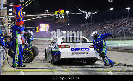 Homestead, Fla, USA. 18th Nov, 2018. Ty Dillon, driver of the (13) GEICO Chevrolet, pits during the Monster Energy NASCAR Cup Series Ford EcoBoost 400 Championship at the Homestead-Miami Speedway in Homestead, Fla. Mario Houben/CSM/Alamy Live News Stock Photo