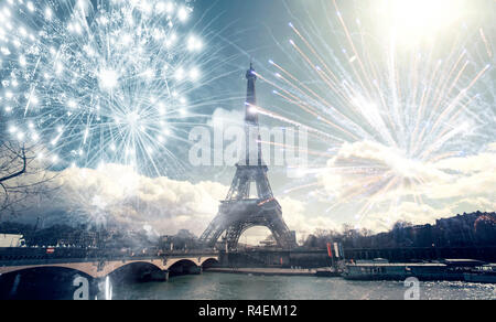 Eiffel tower (Paris, France) with fireworks Stock Photo