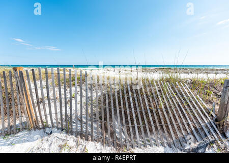 Destin, USA Miramar beach city town village day in Florida panhandle gulf of mexico ocean water, wooden wired fence, planks, wires, nobody Stock Photo