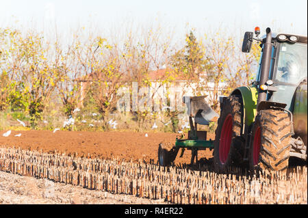 Tractor with plow. Plowing a field of corn. Stock Photo