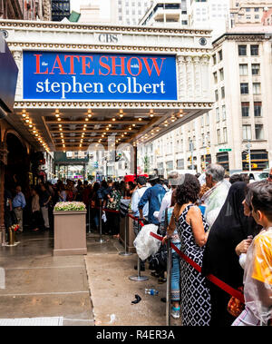 New York City, USA - 14 August 2018: People waiting in line to get into the filming of the Late Show with Stephen Colbert. Stock Photo