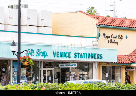 Venice, USA - April 29, 2018: Boutique shop sign Stationers in small Florida retirement city, town, or village with colorful architecture, in gulf of  Stock Photo