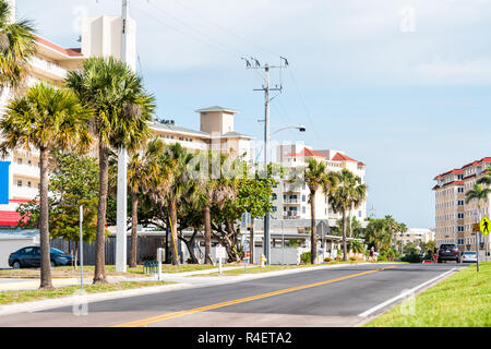 Venice, USA - April 29, 2018: Holiday vacation hotel or condominium apartments in small Florida retirement beach city, town, or village with colorful  Stock Photo