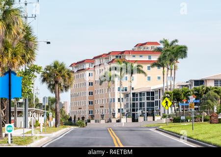 Venice, USA - April 29, 2018: Holiday apartments hotel or condominiums in small Florida retirement beach city, town, or village with colorful architec Stock Photo
