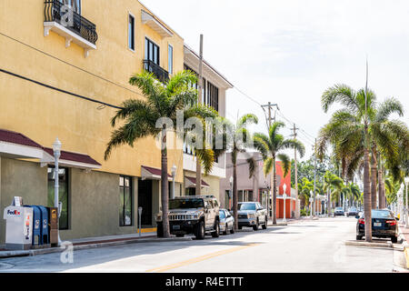 Fort Myers, USA - April 29, 2018: City town street during sunny day in Florida gulf of mexico coast, nobody Stock Photo