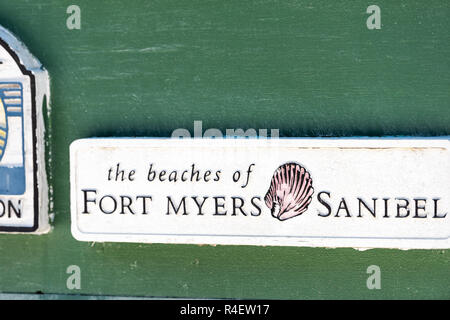 Sanibel Island, USA - April 29, 2018: Welcome sign in park by Bowman's beach near Fort Myers, Florida, shell symbol Stock Photo